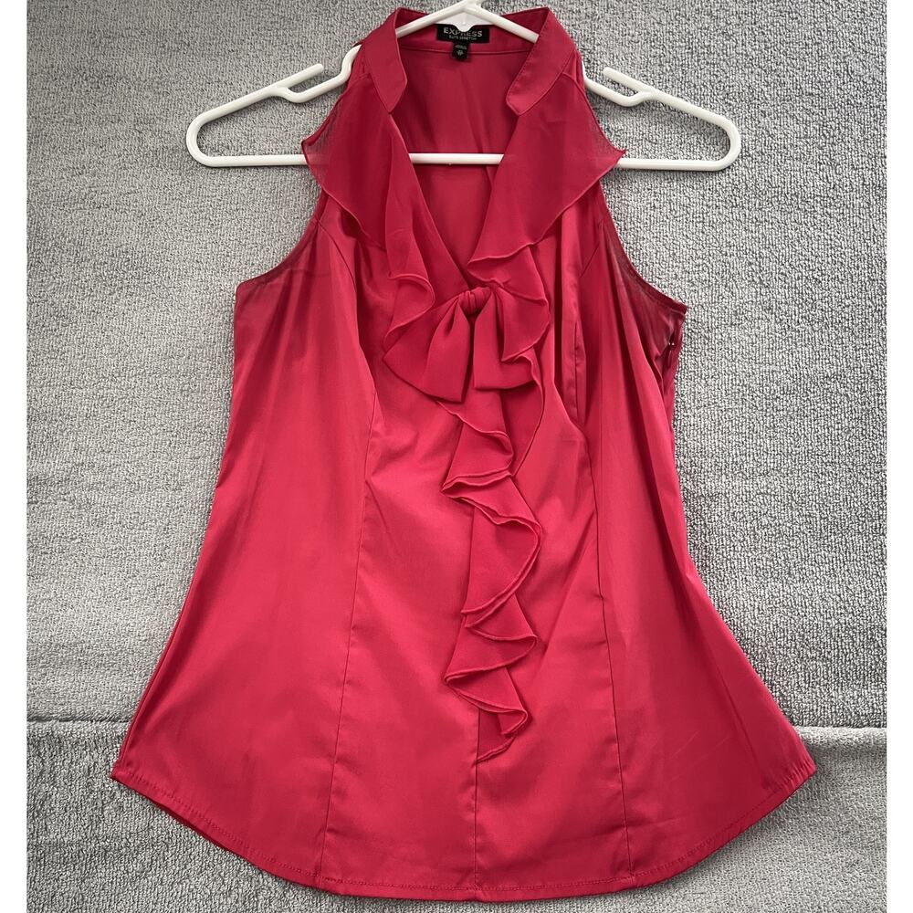 Express Elite Stretch Hot Pink Sleeveless Ladies Top with Sheer Front Ruffle, XS